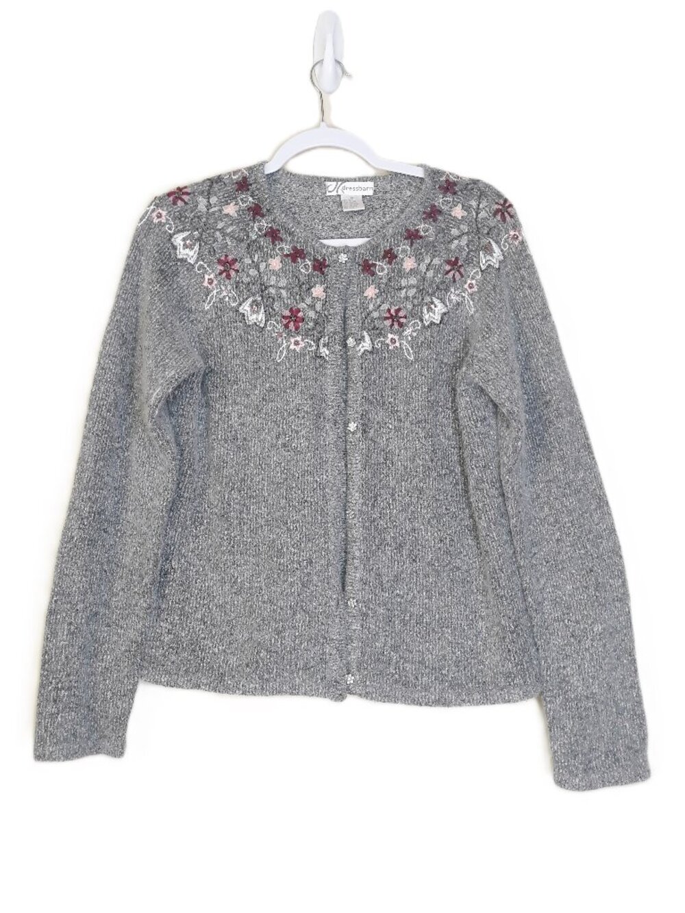Dress Barn Gray Sweater Cardigan Embroidered Embellished Silk Blend 3-D Flowers